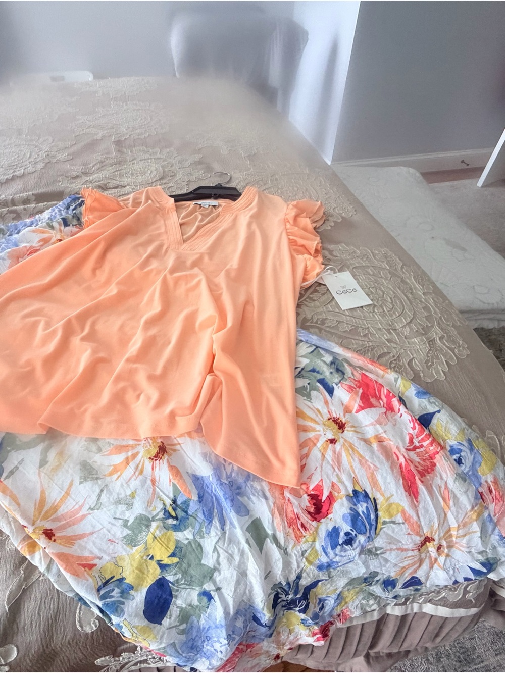 Roxy Peach V-Neck Ruffle Sleeve Top